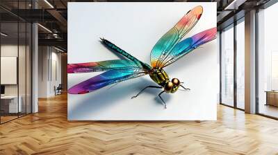 Playful tiny dragonfly with glistening iridescent wings, beautifully rendered in 3D against a pristine white background Wall mural