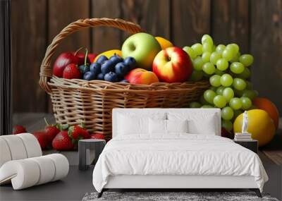 Rustic wooden table adorned with a basket overflowing with vibrant, fresh fruits Wall mural