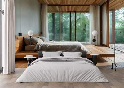 Serene minimalist bedroom featuring a wooden platform bed, bathed in natural light from sliding glass doors. Wall mural