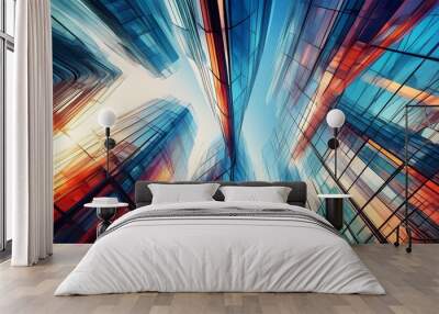 Sleek glass structures and dynamic lines create an abstract architectural background in a vibrant modern cityscape Wall mural