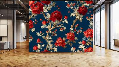 Sophisticated floral damask pattern featuring crimson blooms against rich navy blue for classic upholstery and timeless decor Wall mural