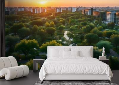 Sunset Over Eco-Friendly Modern City Surrounded by Lush Greenery and Urban Nature Wall mural