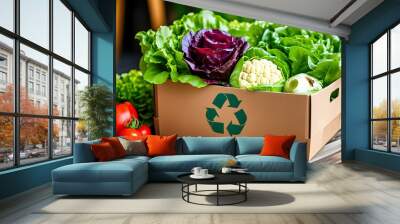 Sustainable packaging showcasing an eco-friendly cardboard box overflowing with fresh lettuce, highlighting the organic food movement and recycling principles. Wall mural