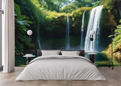 Tranquil waterfall flowing into a crystal-clear pool amid vibrant greenery in a peaceful natural landscape Wall mural