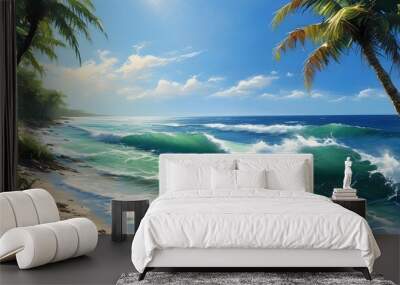 Tropical paradise featuring palm trees, shimmering turquoise waves, and a sun-drenched beach Wall mural