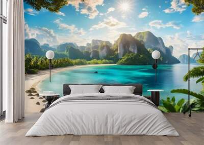 Tropical paradise seascape featuring palm trees, sandy beach, and turquoise waters under sunshine, capturing a serene summer getaway at an island resort. Wall mural