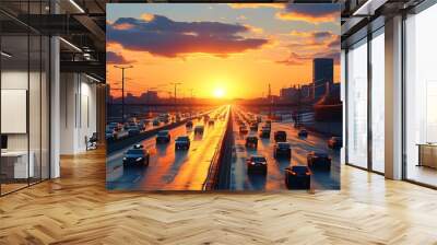 Urban sunset view of cars on a city road, capturing the essence of modern transportation and vibrant city life Wall mural