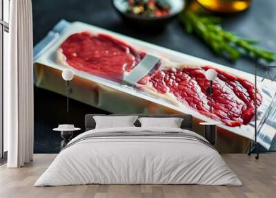 Vacuum-sealed beef steak showcasing quality and freshness for culinary enthusiasts Wall mural