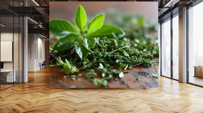 Vibrant assortment of loose-leaf herbs in a rustic setting Wall mural