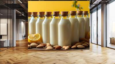 Vibrant Display of Bottled Almond Milk with Corks Amidst Almonds and Lemons, Ideal for a Refreshing Vegan Beverage Concept Wall mural