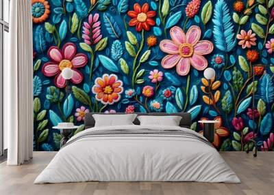 Vibrant embroidered floral design featuring intricate flowers and leaves on a rich dark blue background Wall mural