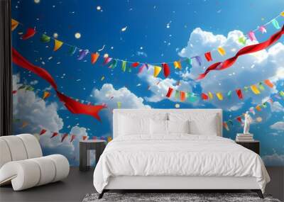 Vibrant festive banner featuring a bright blue sky, fluffy clouds, and colorful celebration ribbons dancing in the light Wall mural