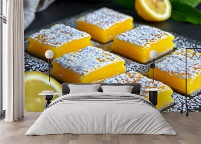 Vibrant Lemon Bars Topped with Powdered Sugar for a Sweet and Zesty Treat Wall mural