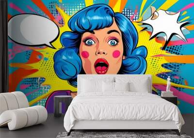 Vibrant pop art illustration featuring a surprised woman with blue hair, dynamic comic speech bubble, and colorful background elements Wall mural