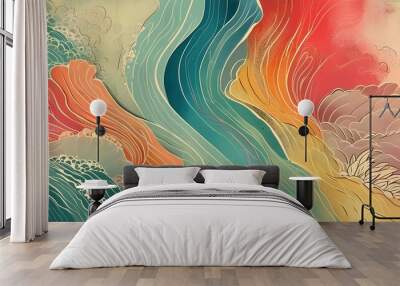 Vibrant retro patterns with colorful lines and squiggles creating a dynamic and artistic backdrop for creative expression in paint and design Wall mural