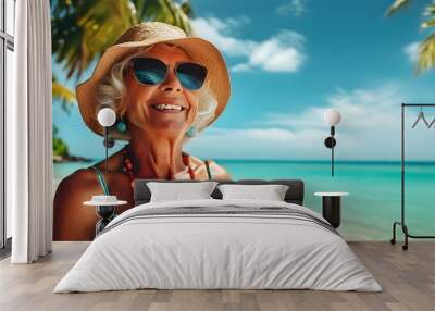 Vibrant senior women embracing the joy of a tropical beach vacation, celebrating retirement and leisure in paradise Wall mural