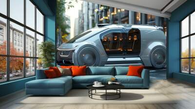 Vision of Future Transportation: Urban Landscape with Futuristic Electric and Autonomous Vehicles Wall mural