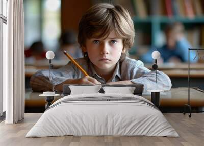 young boy deep in thought, focused on writing with pencil at a desk Wall mural