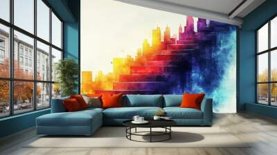 A vibrant, abstract cityscape depicted with colorful layers and a gradient of hues, blending urban elements with artistic flair. Wall mural