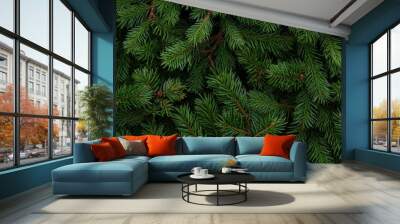 A vibrant close-up of lush, green evergreen needles, showcasing the texture and depth of the foliage. Wall mural