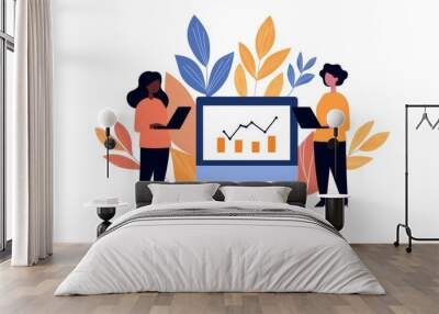 Effective collaboration and data analysis two professionals assessing business metrics on a digital platform with growth indicators Wall mural