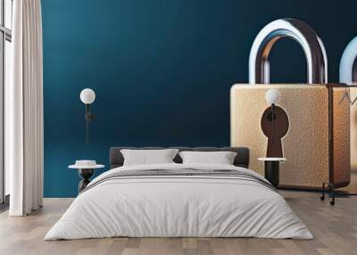 Two metal padlocks with keyholes, positioned on a reflective surface against a gradient background, symbolizing security and protection. Wall mural