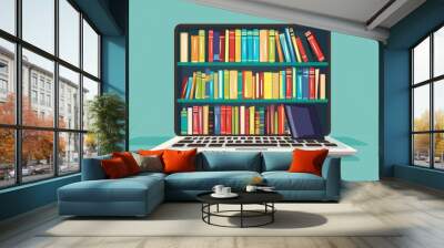 Concept of digital library or online learning, featuring a laptop screen with a full bookshelf of books against a turquoise background. Wall mural