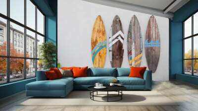 Vintage surfboard made by wood hanging on the wall -  Retro, Vintage decoration concept Wall mural