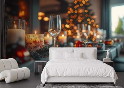 A stylish modern dining room designed for a Christmas party. Featuring a bright white table decorated with colorful Christmas crackers, festive candles and luxurious glasses. Warm lighting. Wall mural