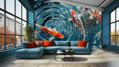 A tranquil scene captures the graceful movement of two large koi fish swimming peacefully in a serene pond Wall mural