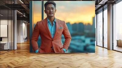 Asian businessman in a red suit stands at his office window with his hands in his pockets. He gazes thoughtfully at the city skyline, reflecting a moment of reflection and ambition. Wall mural