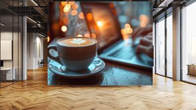 Businessman with a cup of coffee while checking email on laptop. Bright lighting enhances modern and efficient work environment, focusing on productivity and concentration. Wall mural