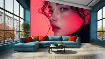 Chic style, pink tone, her face conveys a calm expression. Reminiscent of a detailed work of art that captures the essence of classical elegance. This illustration will combine modern fashion. Wall mural