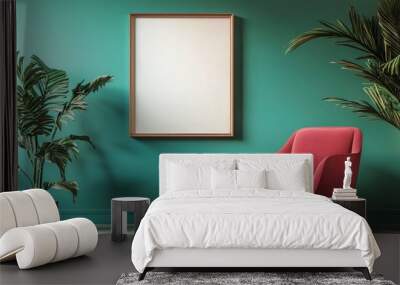 Framed photos are beautifully displayed on a green wall, creating a warm and welcoming atmosphere. This mockup presents a realistic image to display artwork or photos in a cozy and modern setting.16:9 Wall mural