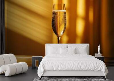 Glasses with golden champagne were elegantly arranged on the sides of the glass table. The background is warm yellow decorated with bokeh. Add a festive and elegant atmosphere to the scene. Wall mural