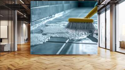 Professional cleaners use a brush to scrub the tiles and grout in the bathroom, focusing on deep cleaning and hygiene. Spotless, reflecting cleanliness and care. Wall mural