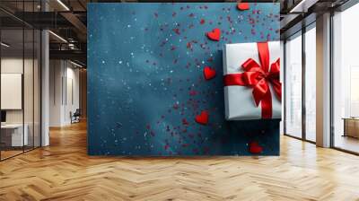 White gift box with red ribbon bow on a blue background. Perfect for Valentine's Day surprise or birthday gift. Flat lay, top view with copy space for Valentine and love themes. Wall mural