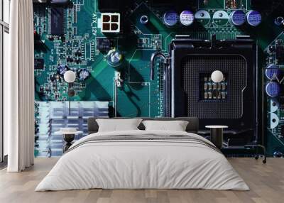 Circuit board. Electronic computer hardware technology. Motherboard digital chip. Integrated communication processor. Information engineering component  green color Wall mural