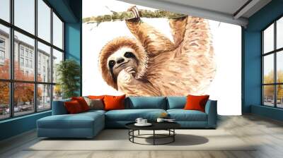 Sloth Watercolor, Sloth paint, Tropical animal, Watercolor boho tropical drawing, digital file clipping path isolated on white background. Wall mural