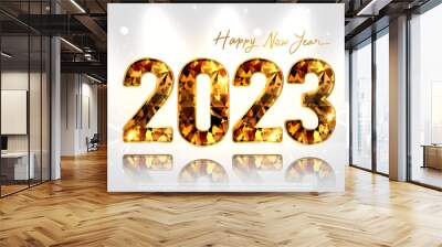 2023 A Happy New Year with golden glass art logotype concept. New year 2023 celebrations gold greetings. Golden Vector luxury text 2023 Happy new year. Gold Festive Numbers Design. Vector illustration Wall mural