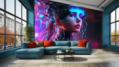 A humanoid cyber girl in Metaverse virtual digital technology. Artificial intelligence. Girl with virtual reality VR goggle playing AR augmented reality game and entertain. Postproducted generative AI Wall mural