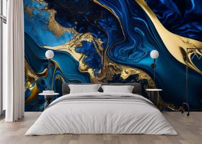 Abstract Blue and gold marble surface with gold glitter foil. Hand painted background mixed liquid blue and gold. Luxurious natural swirls of marble and gold powder. Generative AI Wall mural