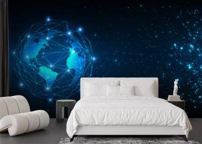 Global communication network connection around planet Earth in space. Worldwide exchange of information by internet and satellites. Internet and global connection concept. Vector Wall mural