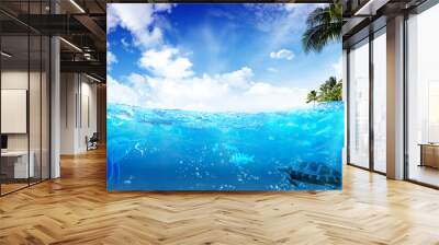 Ocean underwater scene with clouds and marine horizon. Deep blue ocean. Abstract underwater scene sunrays and air bubbles in deep blue sea. Background with clouds and marine horizon. Summer sea party. Wall mural