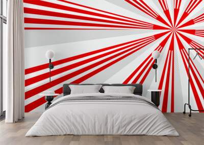 Red sunburst pattern background. Bursting background with rays and circle. Red striped radial pattern with sun rays. Comic rays. Red bright sunbeams, Japanese style. Red white sunrise. Vector EPS10. Wall mural