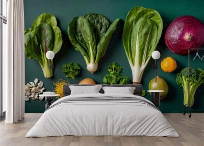 Flat lay with different green vegetables, pak choi, kale, broccoli on green eco background. Green organic veggies, healthy vegan diet Wall mural