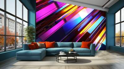 3D render of an abstract futuristic background with a holographic glass texture and colorful metal bars pattern, shiny chrome surface reflection on a black backdrop with a dark color palette Wall mural