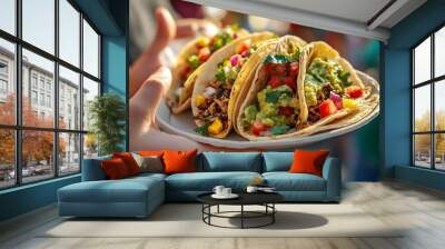 A diverse group of friends enjoying a plate of Mexican tacos, filled with vibrant toppings like guacamole, salsa, and cilantro, at an outdoor festival. Hispanic heritage month tradition Wall mural