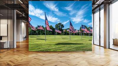 A field of American flags on a blue sky background. Holiday concept for 4th of July, President's Day, Independence Day, US National Day, Labor Day, Fourth of July Wall mural