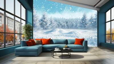 A snowy winter background with falling snowflakes and a dense pine forest in the distance. The scene is captured from an eye-level perspective, showcasing large areas of white snow-covered ground Wall mural